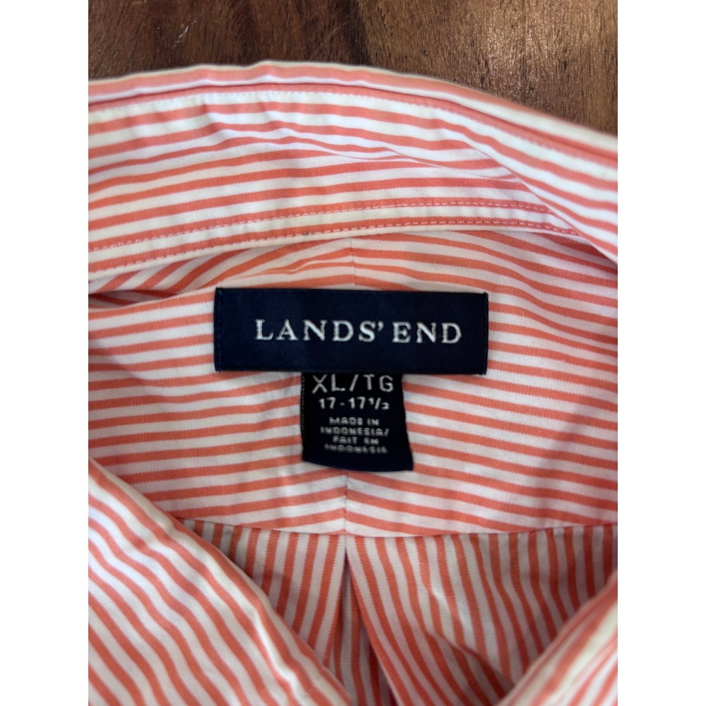 LANDS' END button down shirt mens XL orange white pinstripe short sleeve cotton - Picture 2 of 14